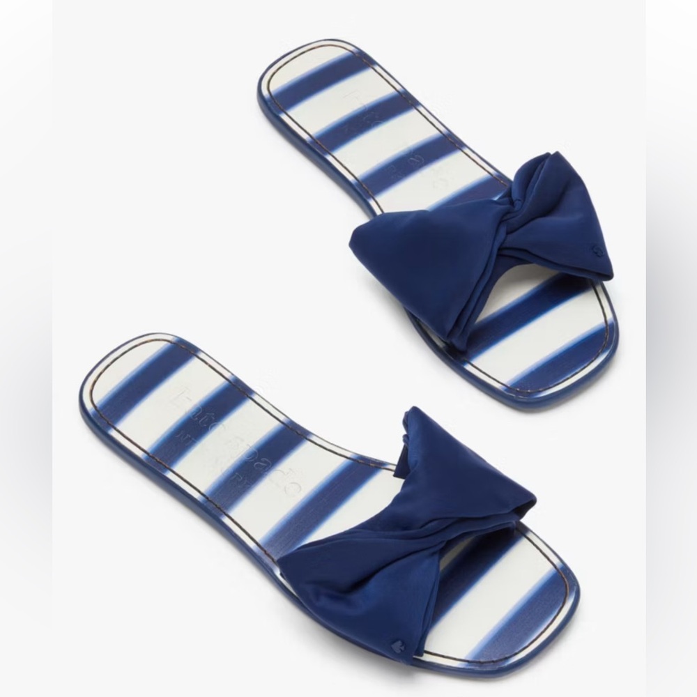 kate spade Navy Bow Slide Sandals with White & Navy Striped Footbed 10